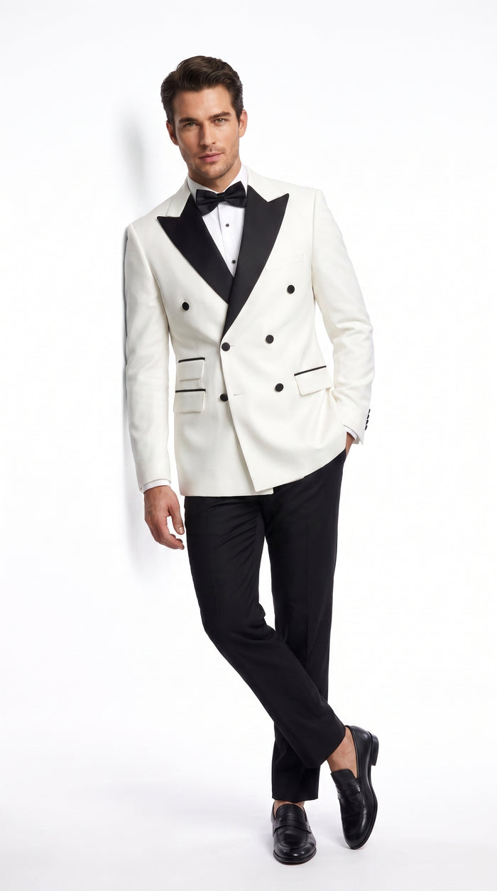 Men’s Vintage Hollywood WHITE/BLACK Double-Breasted Tuxedo – Black Peak Lapel Wedding and Formal Suit