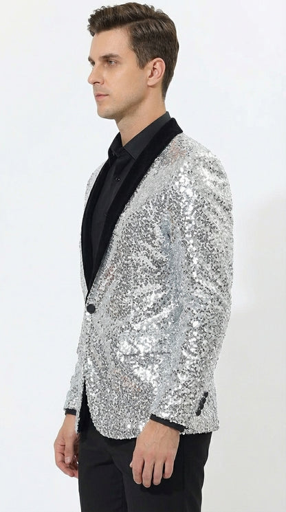 Men’s Silver Sequin Blazer Disco Style Jacket – Black Lapel Party Blazer, Shiny Evening Wear, 70s Dance Outfit, Formal Event Jacket