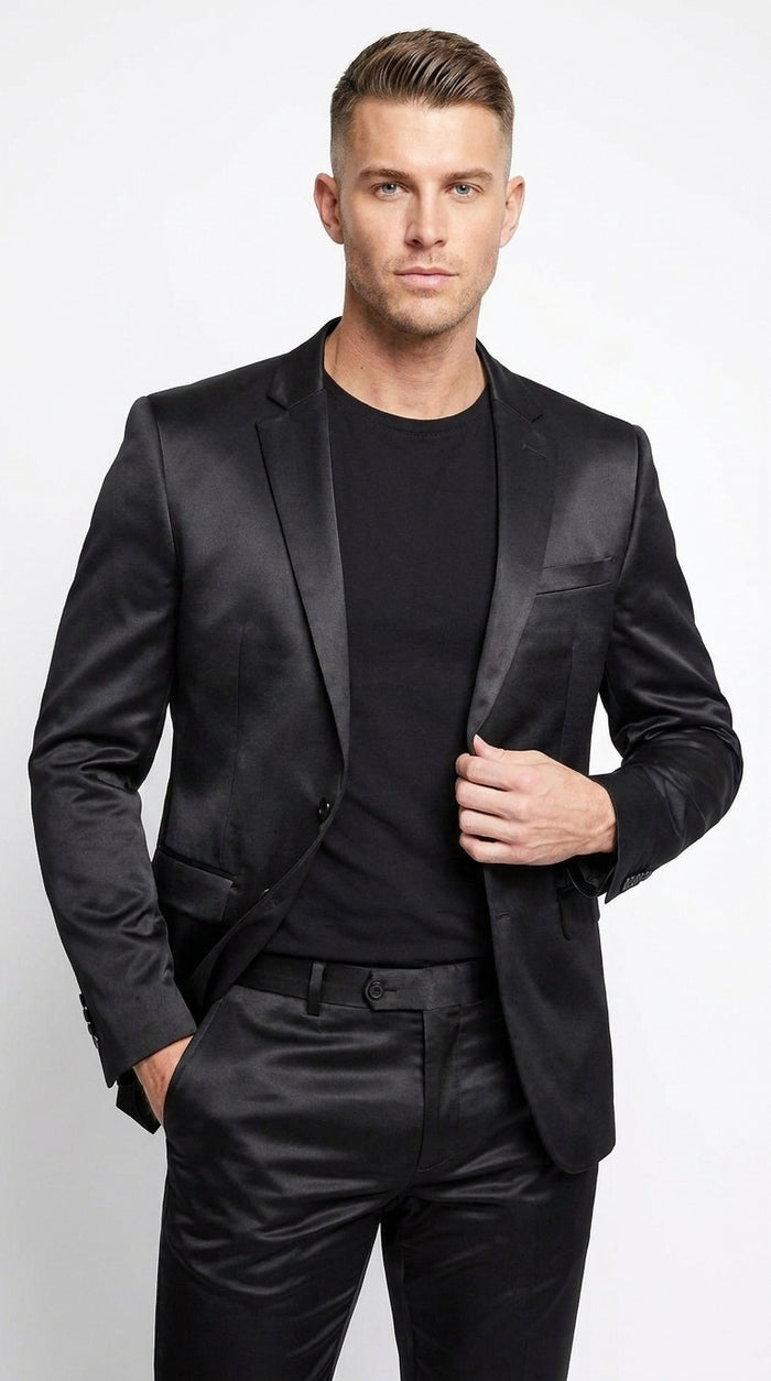 Men’s Black Shiny Sharkskin 2 Piece Suit, Formal Wedding Prom Party Dress Suit  Modern Fit