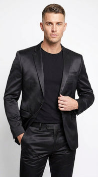 Men’s Black Shiny Sharkskin 2 Piece Suit, Formal Wedding Prom Party Dress Suit