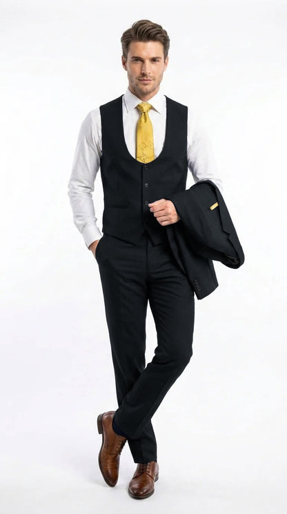 Vitali Men's Modern Fit 3-Piece Black Suit – 2-Button Jacket with Scoop Neck Vest