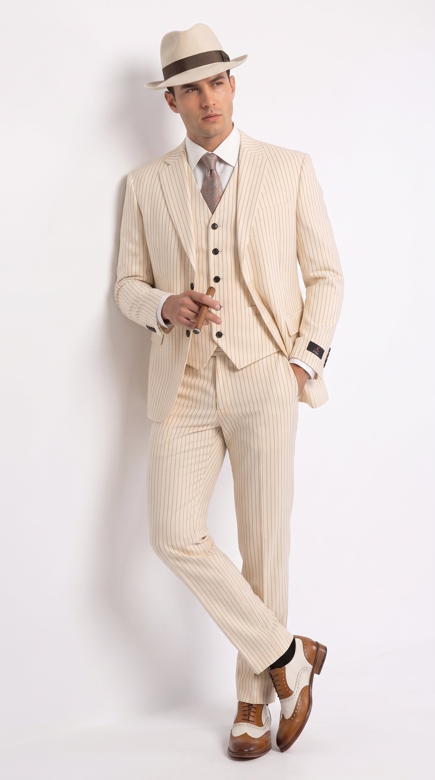 Men’s Ivory Cream Pinstripe 3-Piece Suit – 1920s Gangster Gatsby Wedding and Formal Suit  Modern Fit