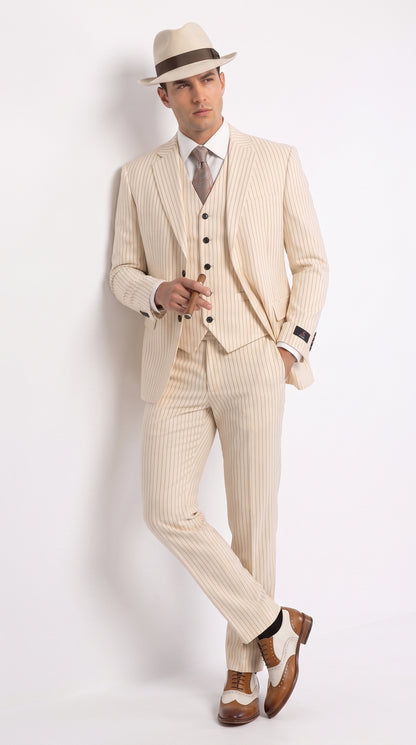 Men’s Ivory Cream Pinstripe 3-Piece Suit – 1920s Gangster Gatsby Wedding and Formal Suit  Modern Fit