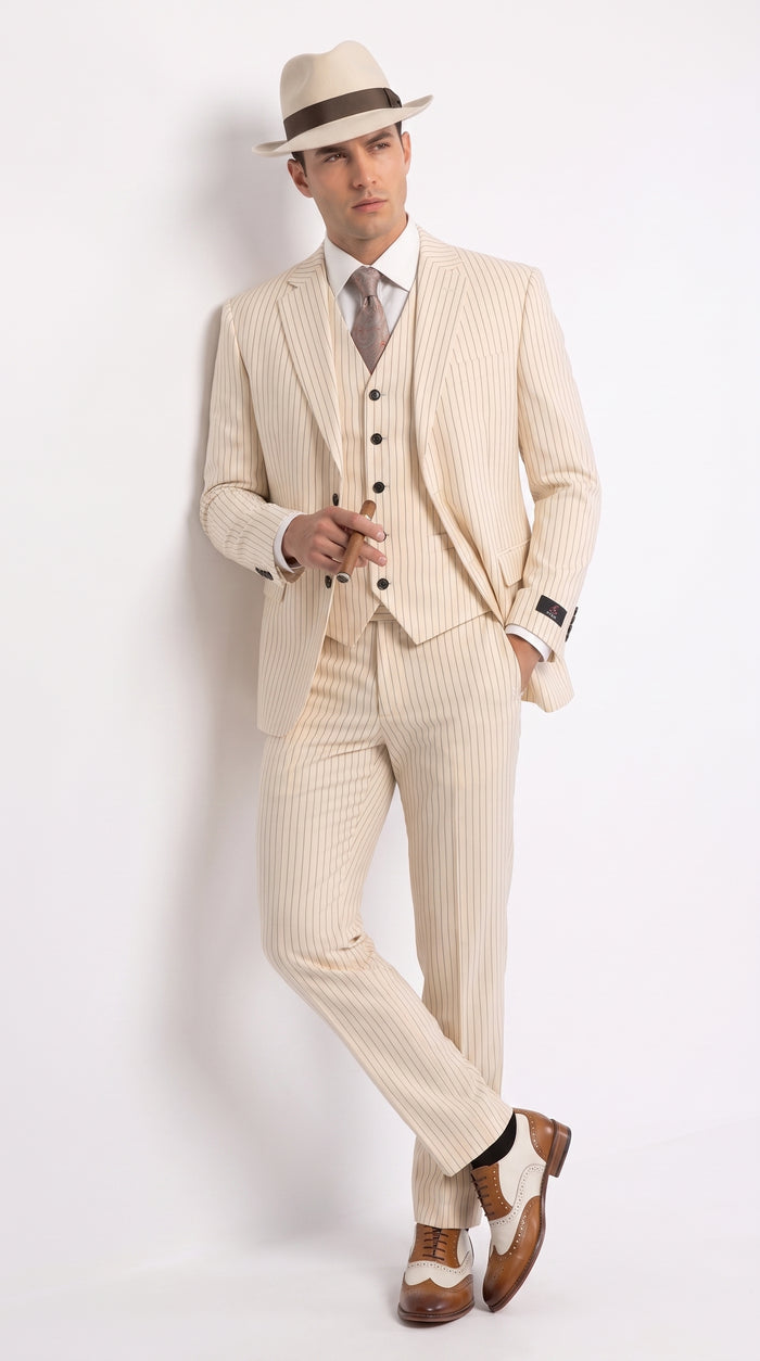 Men’s Ivory Cream Pinstripe 3-Piece Suit – 1920s Gangster Gatsby Wedding and Formal Suit  Modern Fit