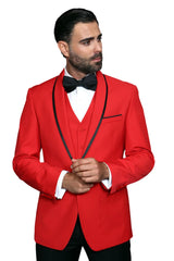 3-Piece Tailored Fit Wool Suit with Bow Tie and Flat Front Pants - Red