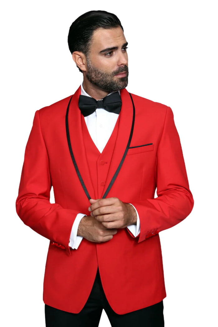 3-Piece Tailored Fit Wool Suit with Bow Tie and Flat Front Pants - Red Modern Fit