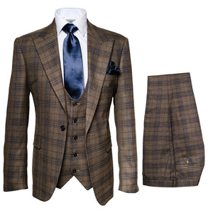 Mens Plaid Windowpane Business Suit - Brown