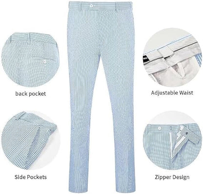 Mens Seersucker Pants - Summer Casual Pinstripe Modern Fit in Color Blue