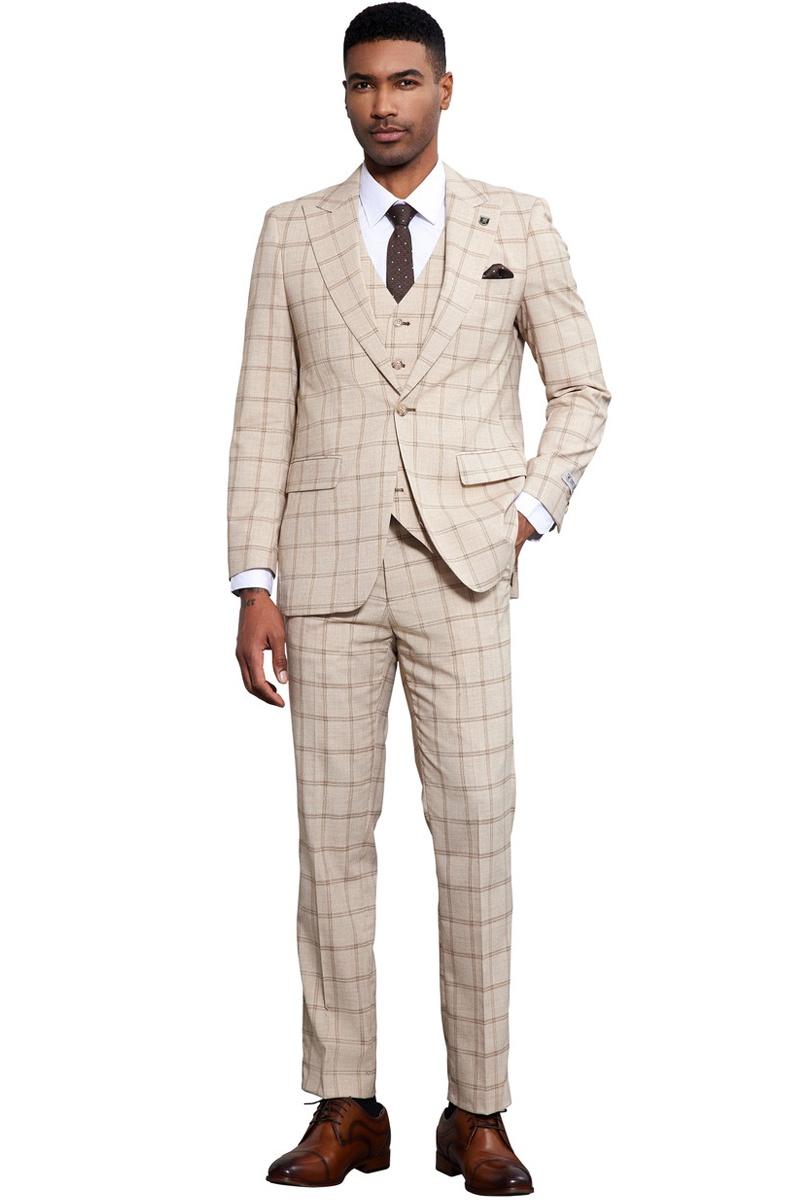 Men's Stacy Adams One Button Peak Lapel Vested Windowpane Plaid Suit in Tan - Image 4