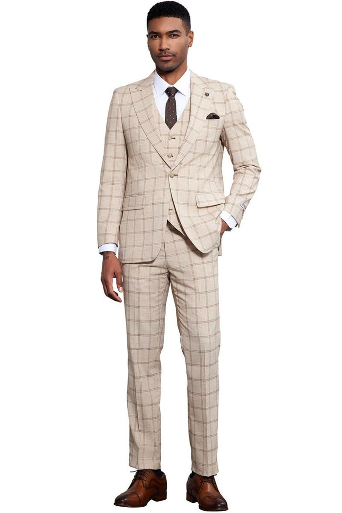 Men's Stacy Adams One Button Peak Lapel Vested Windowpane Plaid Suit in Tan - Image 4