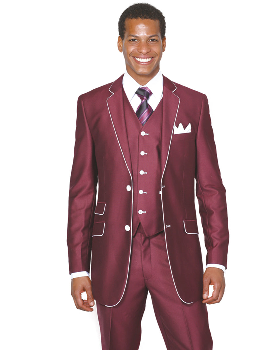 Mensusa Mens 2 Button Vested Trim Tuxedo in Burgundy — MensUSA
