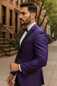 Purple Paisley-200VP  Two Toned Paisley Blazer or Tuxedo Suit + Pants Vested + Black Lapel Blazer Looking