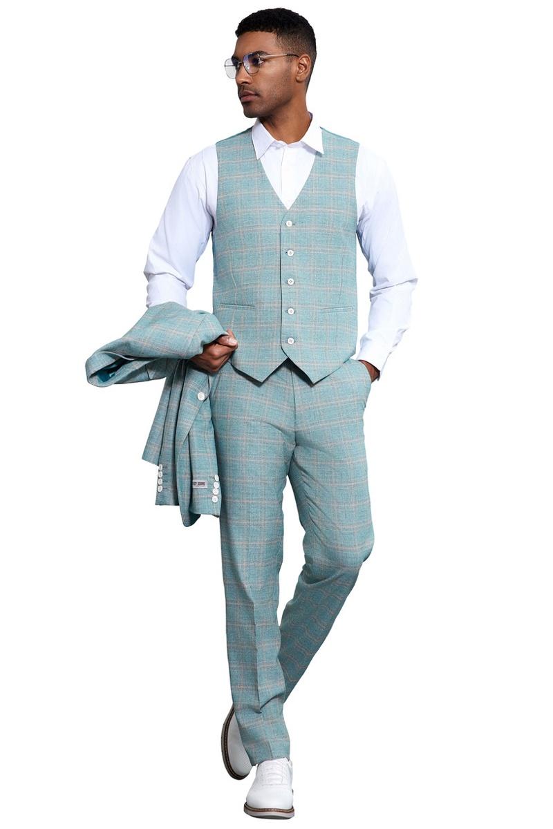 Men's Stacy Adams Vested Peak Lapel Light Turquoise Green Plaid Prom & Wedding Suit - Image 5