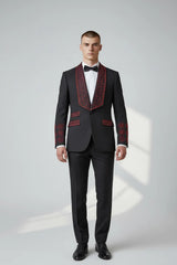 Men’s Bella Embellished Black & Royal Blue Tuxedo – 3 Piece Formal Suit with Shawl Lapel, Vest & Matching Pants
