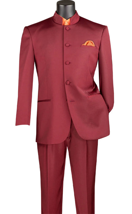 Master Collection - Regular Fit Men's 2 Piece Banded Collar Tuxedo Burgundy