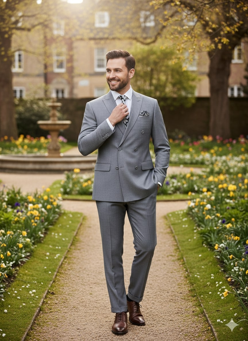 Mens Grey Tone on Tone Double-Breasted Suit – Classic Slim Fit 2 Piece Formal Business Gray Shadow Stripe - Image 5