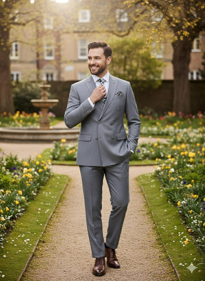 Mens Grey Tone on Tone Double-Breasted Suit – Classic Slim Fit 2 Piece Formal Business Gray Shadow Stripe - Image 5