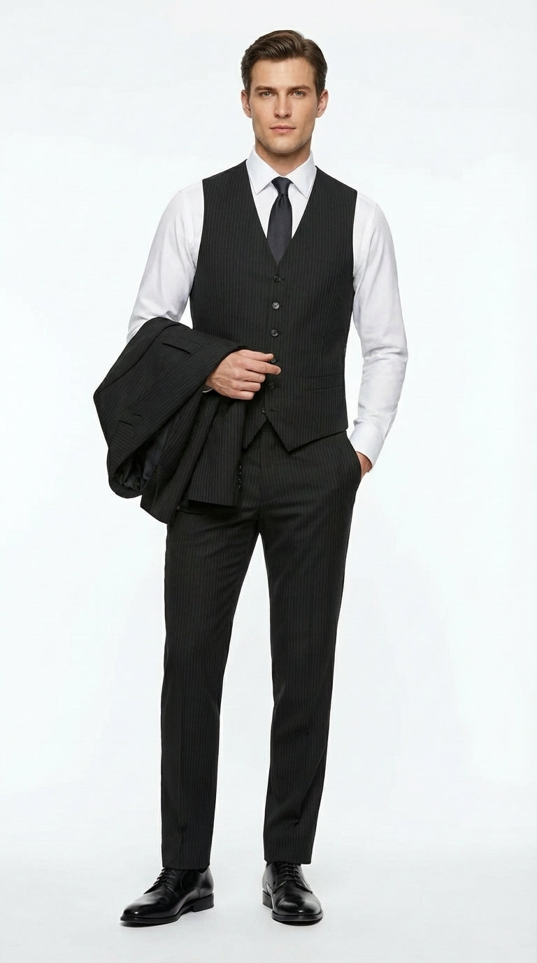 Vitali Mens Black Tone on Tone Shadow Stripe Vested Suit Set – 3 Piece Modern Fit Pinstripe Two Buttons Modern Fit