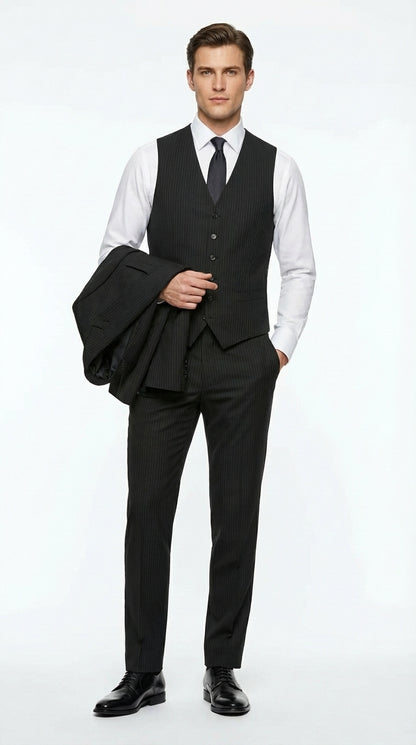 Vitali Mens Black Tone on Tone Shadow Stripe Vested Suit Set – 3 Piece Modern Fit Pinstripe Two Buttons Modern Fit