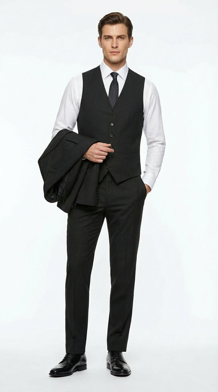 Vitali Mens Black Tone on Tone Shadow Stripe Vested Suit Set – 3 Piece Modern Fit Pinstripe Two Buttons Modern Fit