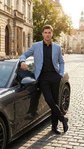 Men’s Big and Tall Light Blue Checkered Blazer and Sport Coat – Sky powder blue windowpane plaid pattern Jacket