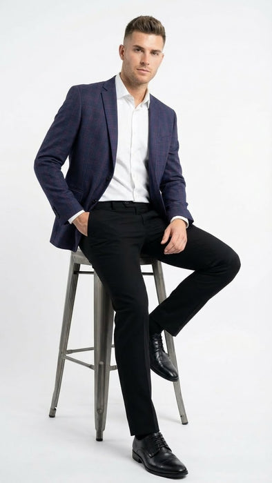 Men’s Big and Tall Navy Blue with Burgundy Plaid Jacket and Sport Coat – Wool Blazer