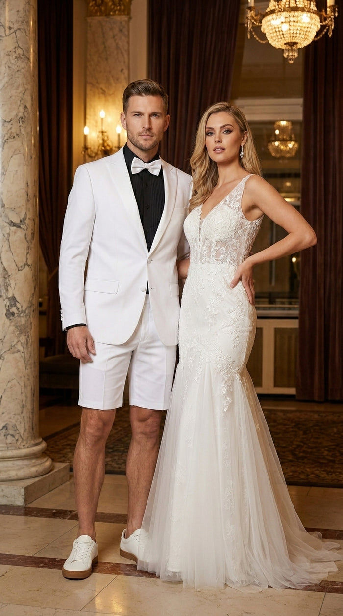 Men’s White Tuxedo Suit with Shorts – Modern Formal Blazer and Short Pants Set for Wedding, Prom Summer Fabric