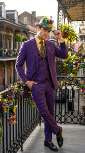 Men’s Purple Pinstripe Mardi Gras Suit | Three Piece Carnival Formal Suit with Vest