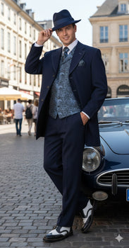 Mens 1920s Navy Blue Zoot Suit – Vintage Gangster 3-Piece Long Jacket Suit Classic Fit Pleated Pants - Image 4