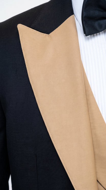 Men's Western Khaki Cowboy Tuxedo Suit – Black & Tan Beige  Peak Lapel 3-Piece Vested Formal Cowboy Suit