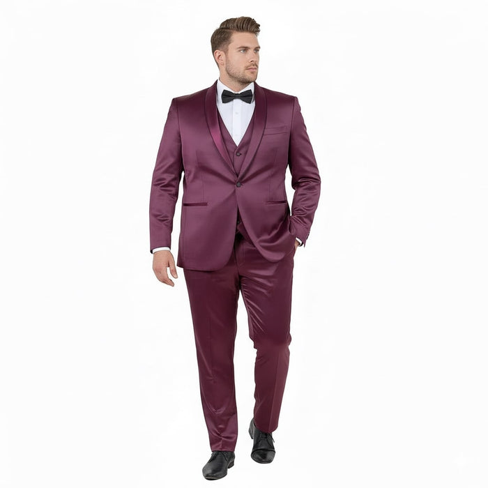 Mens Sateen Shiny Burgundy Slim Fit Tuxedo – Satin Shawl Lapel 3-Piece Suit