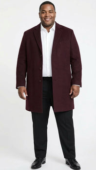 Men’s Burgundy Mid-Length Overcoat – Classic Fit Wool Blend Dress Coat Three Quarter Carcoat Topcoat