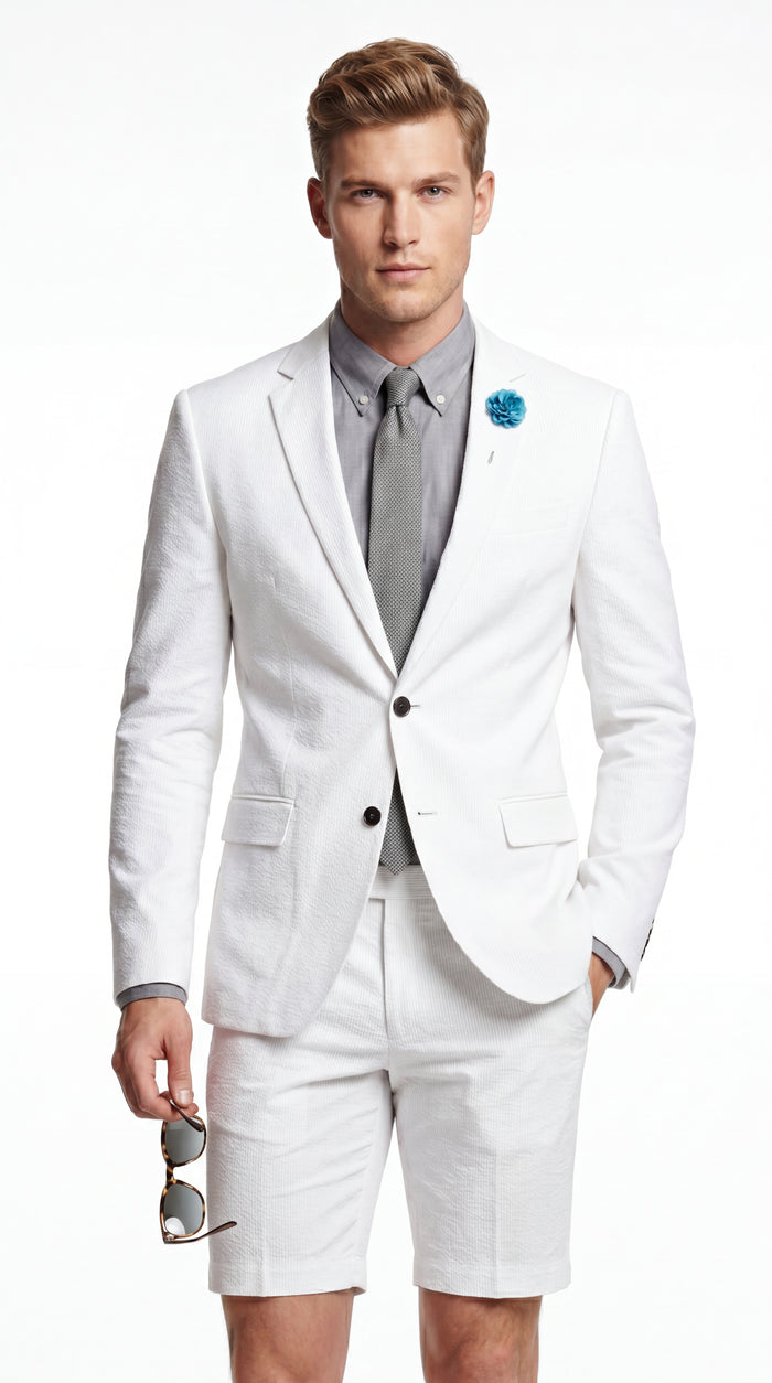 Men’s Cotton Fabric White 2 Piece Summer Suit with Shorts, Casual Beach Wedding and Resort Formal Outfit Modern Fit