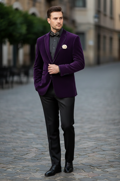 Men’s Purple Velvet Blazer – Luxury Slim Fit Formal Jacket with Black Satin Trim Tuxedo Dinner Jacket Purple / 44 Regular