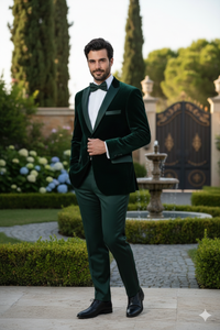 Men’s Dark Green Velvet Tuxedo Dinner Jacket – Slim Fit Formal Blazer with Satin Peak Lapel Lape