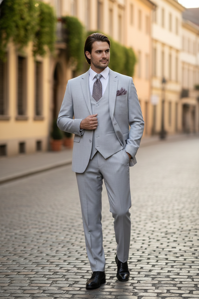 Men’s Very Light Gray Three-Piece  Wedding Suit 2 Buttons Modern or Slim Fit  Ash Bone Color Steel Grey
