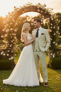 Men’s Light Beige Check 3-Piece Suit Set – Premium Tailored Fit Formal Wedding and Spring Event Suit Light Tan Sand Color By Rossiman