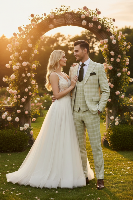 Men’s Light Beige Check 3-Piece Suit Set – Premium Tailored Fit Formal Wedding and Spring Event Suit Light Tan Sand Color By Rossiman