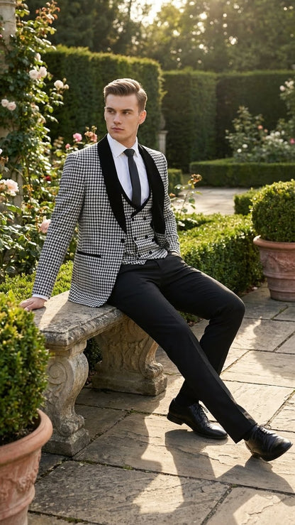 Men’s Black and White Houndstooth Tuxedo Set with Velvet Shawl Lapel | 3-Piece Formal Suit with Black Double-Breasted Vest