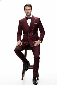 Men’s Burgundy Floral Jacquard Tuxedo Dinner Jacket – Paisley Velvet Lapel Formal Wear for Wedding and Prom