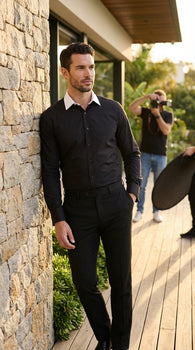 Men’s Black Dress Shirt with White Contrast Collar | French Cuff Cotton Poplin Formal Button-Up Shirt