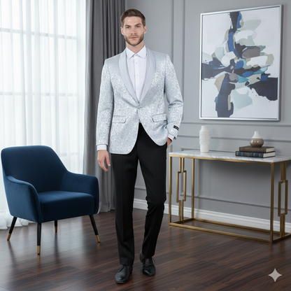 Big and Tall Men’s Silver Gray Paisley Tuxedo Jacket – Satin Shawl Lapel Blazer for Weddings, Proms, and Formal Events - Image 2