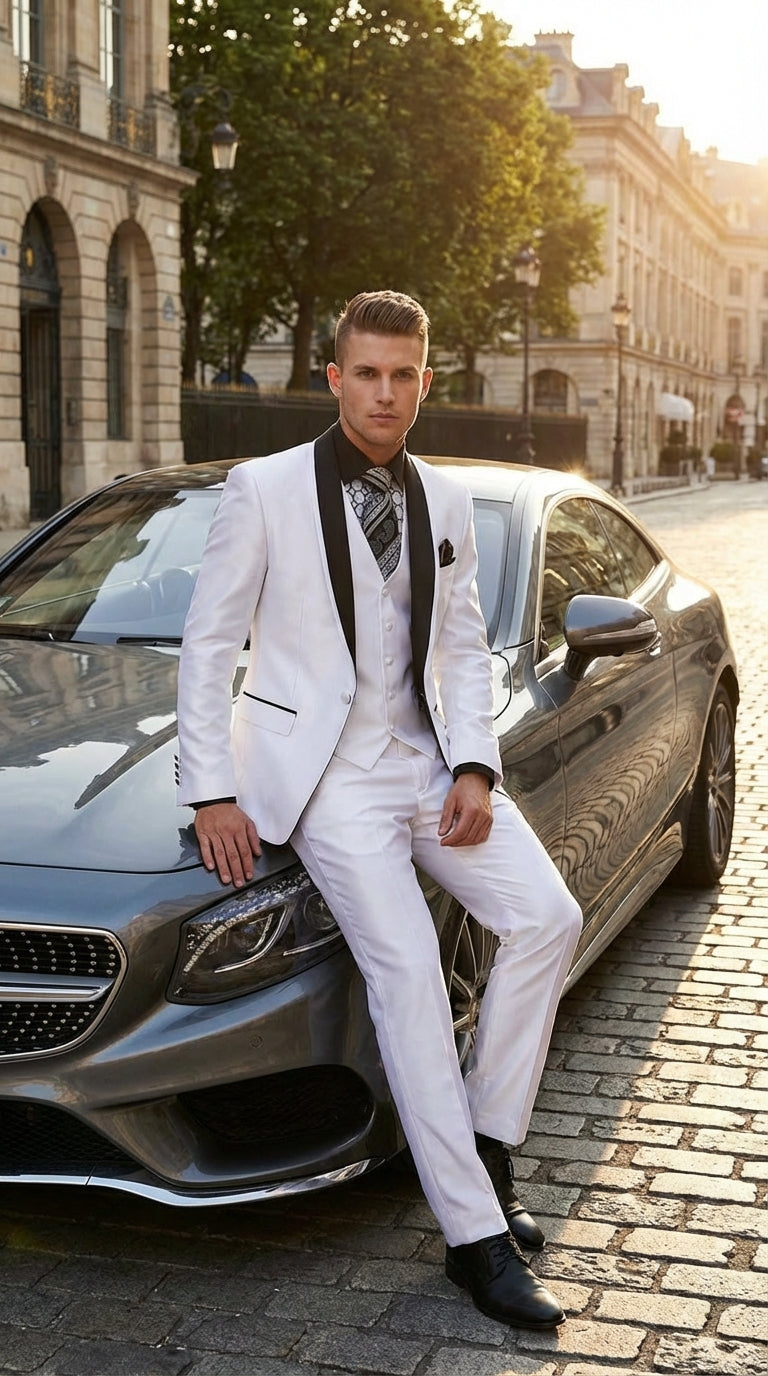 Men’s White Shiny Flashy Fabric Tuxedo Suit with Black Shawl Lapel | Luxury Formal Wedding and Evening Suits Sharkskin Metallic Fabric