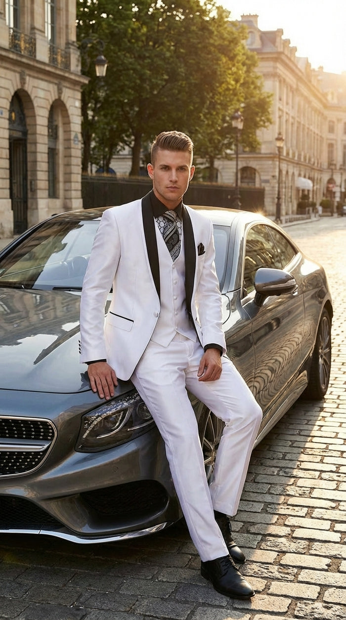 Men’s White Shiny Flashy Fabric Tuxedo Suit with Black Shawl Lapel | Luxury Formal Wedding and Evening Suits Sharkskin Metallic Fabric