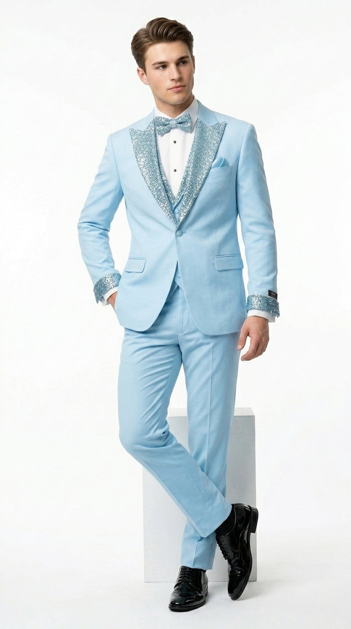 Sky Blue Prom Tuxedo - Perfect Wedding Suit Vested Rhinestone sequin Lapelled