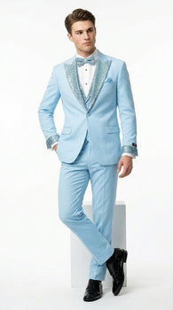 Sky Blue Prom Tuxedo - Perfect Wedding Suit Vested Rhinestone sequin Lapelled