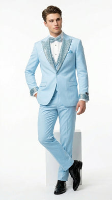 Sky Blue Prom Tuxedo - Perfect Wedding Suit Vested Rhinestone sequin Lapelled