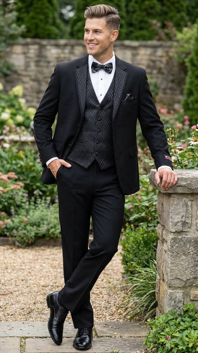 Men's Black Vested Tuxedo Suit with Patterned Lapel – Classic Formal Suit for Wedding, Party and Evening Events - Image 5