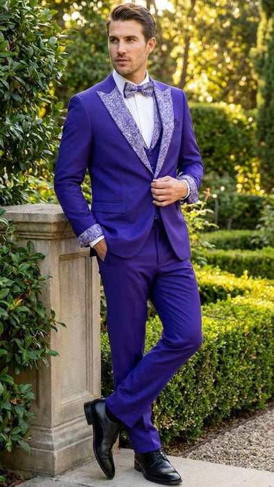 Men’s Purple and white sivler lapel  Embellished Tuxedo Suit –  Formal Wedding, Prom, and Gala Outfit Mardi Gras