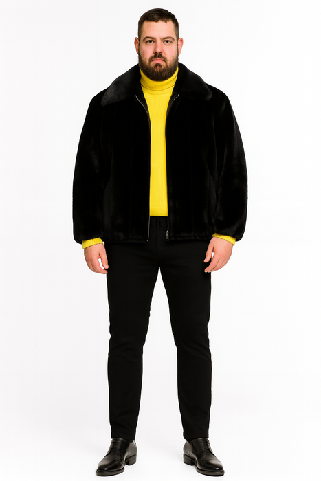 Men’s Black Faux Fur Jacket – Luxury Winter Zip-Up Coat with Soft Plush Finish